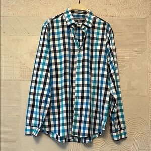 EUC Express Men's 100% Cotton Fitted Blue Checkered Shirt, size L, 16 - 16 1/2